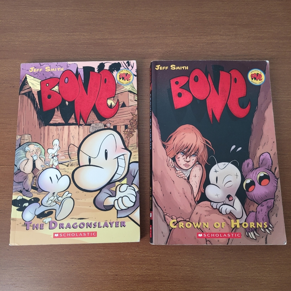 BONE Books #4 Dragonslayer #9 Crown of Horns by Jeff Smith Lot of 2 Paperback